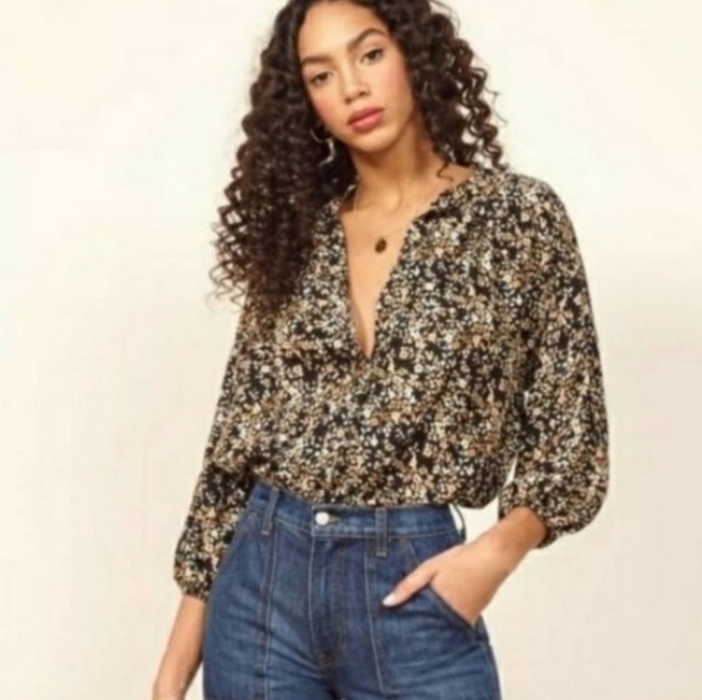 Reformation Jeans Floral Blouse Size S Black Cream Button Front Made in USA Boho